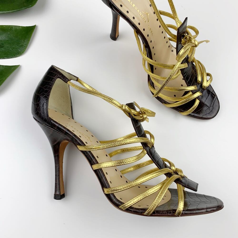 Alexandra Neel Sandals Brown Gold Leather Heels Strappy Italy Women's 39 US 9